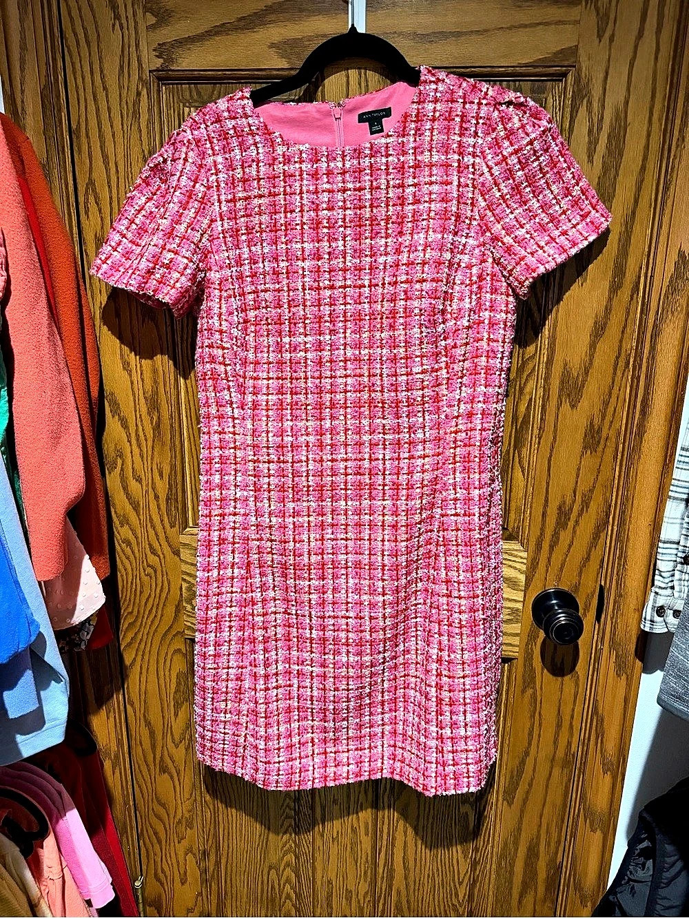 Ann Taylor Pink Tweed Short-Sleeve Dress Pink & White Mini Size Six